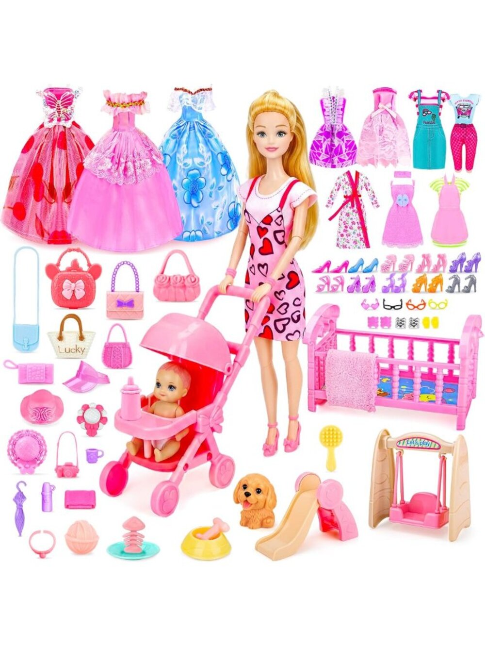 96pc Doll Family Playset with Dolls Clothes Accessories Babysitting